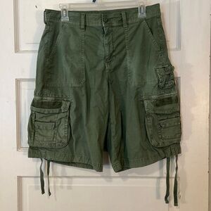 Y2K Olive Green Cargo Shorts – High Rise Baggy Bermuda Utility (Size 8)
